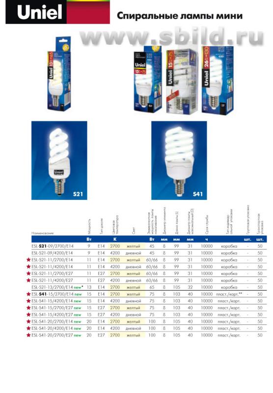 Энергосберегающие спиральные лампы Uniel мини серии «SuperLux» Uniel S21,S41