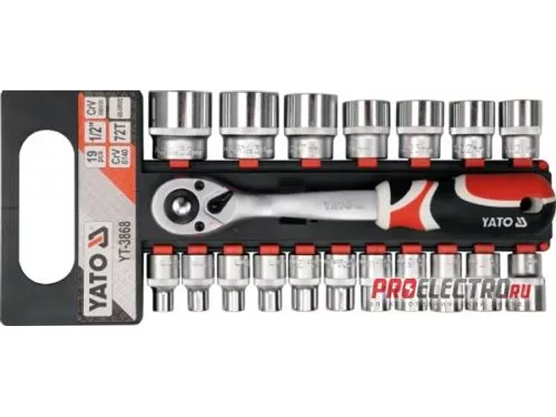 YATO YT-3868. НАБОР ГОЛОВОК С ТРЕЩОТКОЙ НА 19 ПРЕДМЕТОВ.